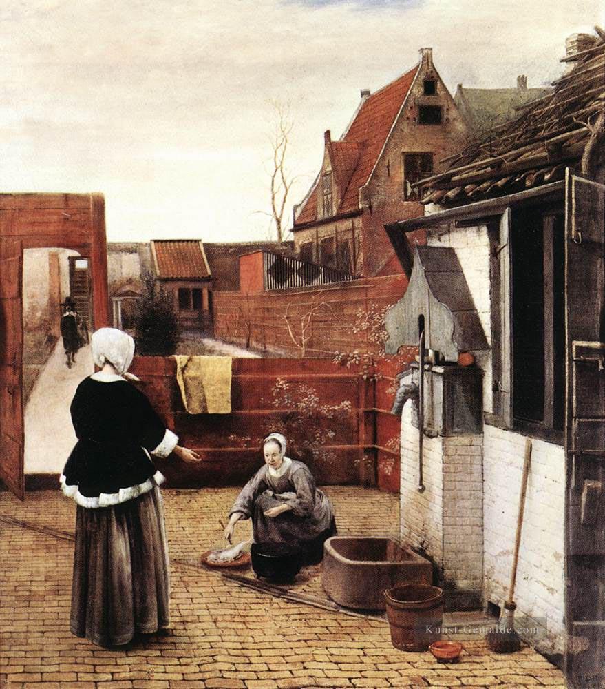 Frau und Magd in einem Courtyard Genre Pieter de Hooch Ölgemälde